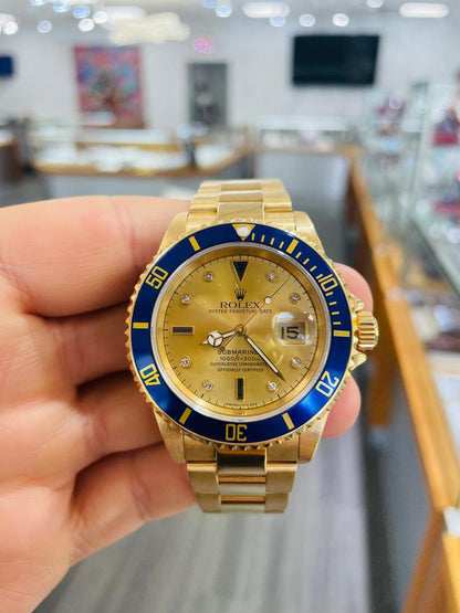 Rolex Submariner Date 16618 Factory Serti Diamond Dial 18K Yellow Gold 40mm