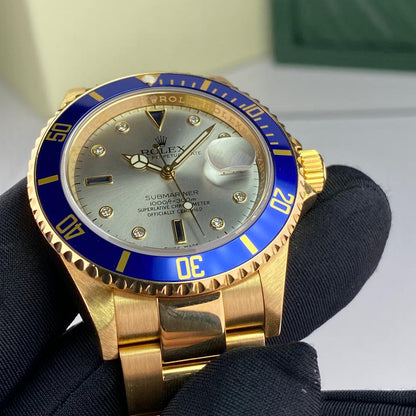 Rolex Submariner Date 16618 Silver Serti Diamond Dial 18K Yellow Gold 40mm