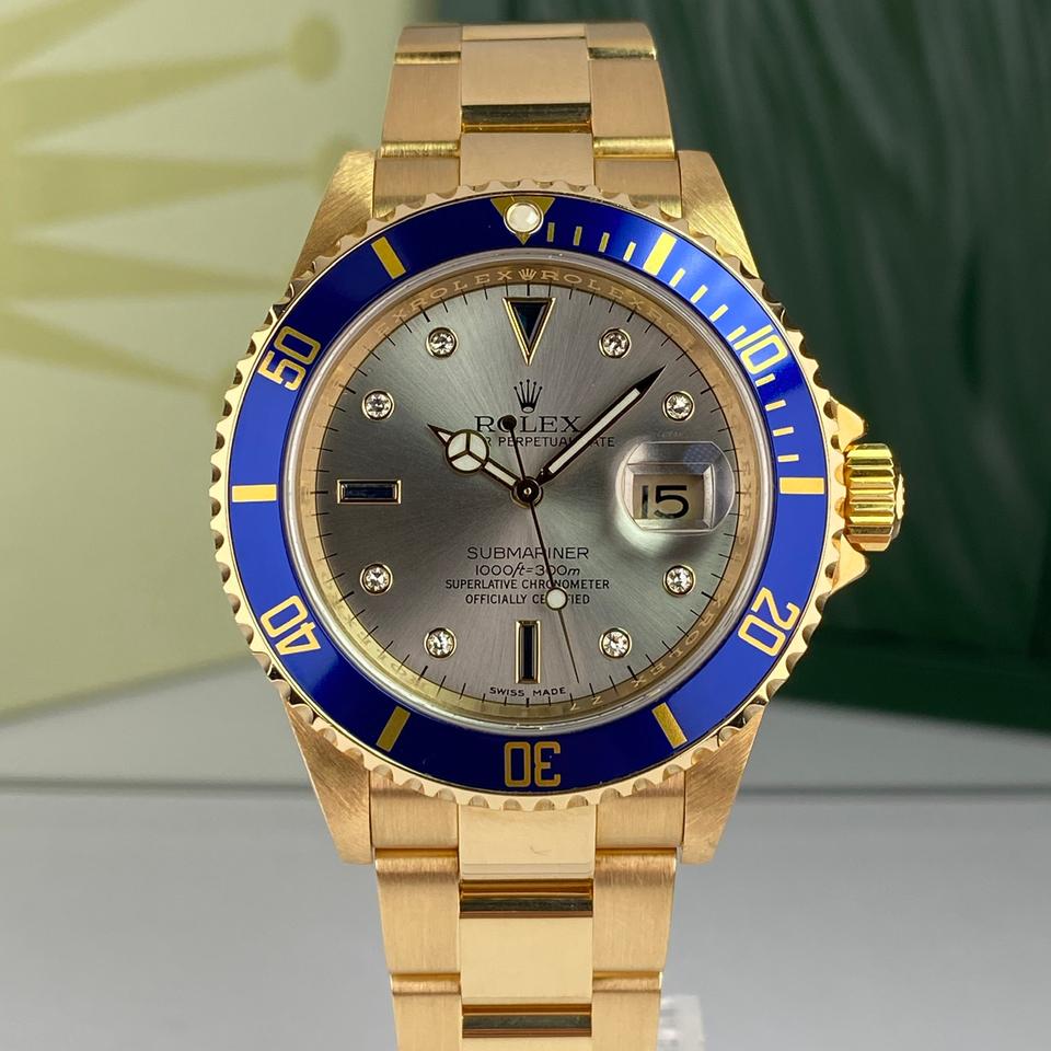 Rolex Submariner Date 16618 Silver Serti Diamond Dial 18K Yellow Gold 40mm