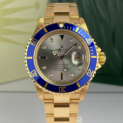 Rolex Submariner Date 16618 Silver Serti Diamond Dial 18K Yellow Gold 40mm