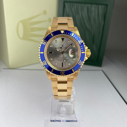 Rolex Submariner Date 16618 Silver Serti Diamond Dial 18K Yellow Gold 40mm