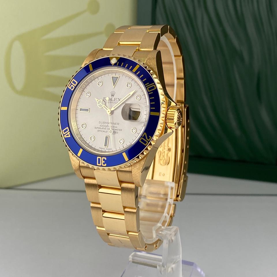 Rolex Submariner Date 16618 Silver Serti Diamond Dial 18K Yellow Gold 40mm