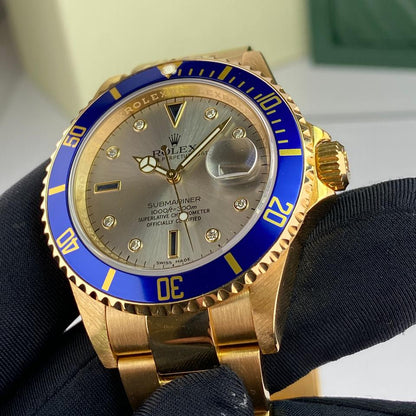 Rolex Submariner Date 16618 Silver Serti Diamond Dial 18K Yellow Gold 40mm