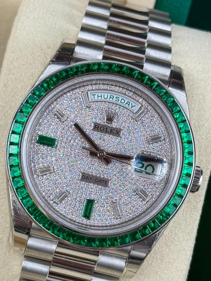 Rolex Day-Date 40 228396TEM Platinum Diamond Dial Emerald-Set Bezel 40mm