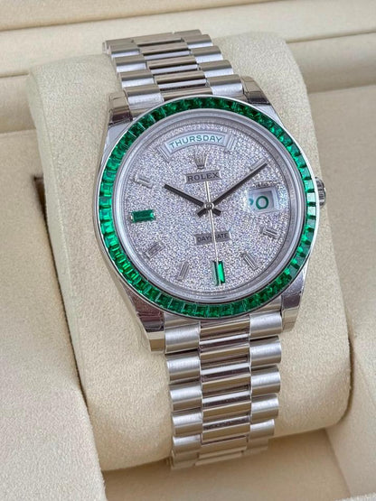 Rolex Day-Date 40 228396TEM Platinum Diamond Dial Emerald-Set Bezel 40mm
