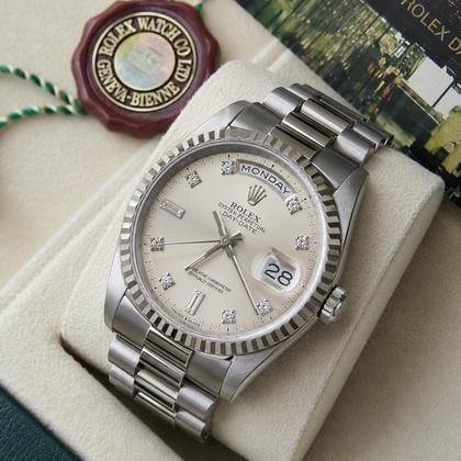 Rolex Day-Date 36 18239 A-Series Silver Diamond Dial White Gold 36mm
